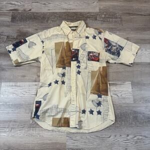 Vintage Nautica Button Down Cream Sailboat Print Shirt Coastal Dad Y2K Medium